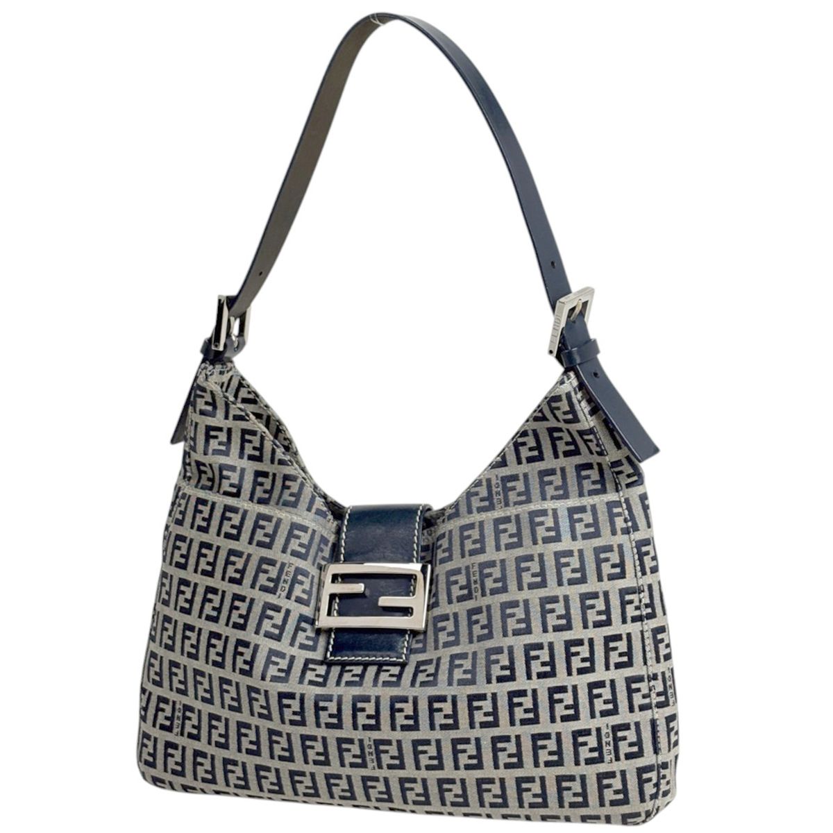 Fendi Shoulder Bag Zucchino Pattern Canvas Navy