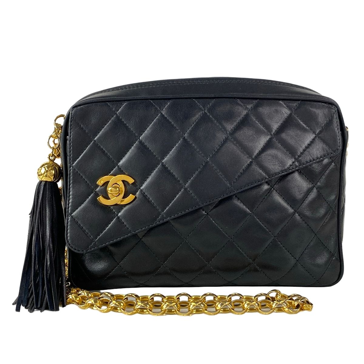 Chanel Shoulder Bag Quilted Black Bijou Chain Gold Tassel Lambskin