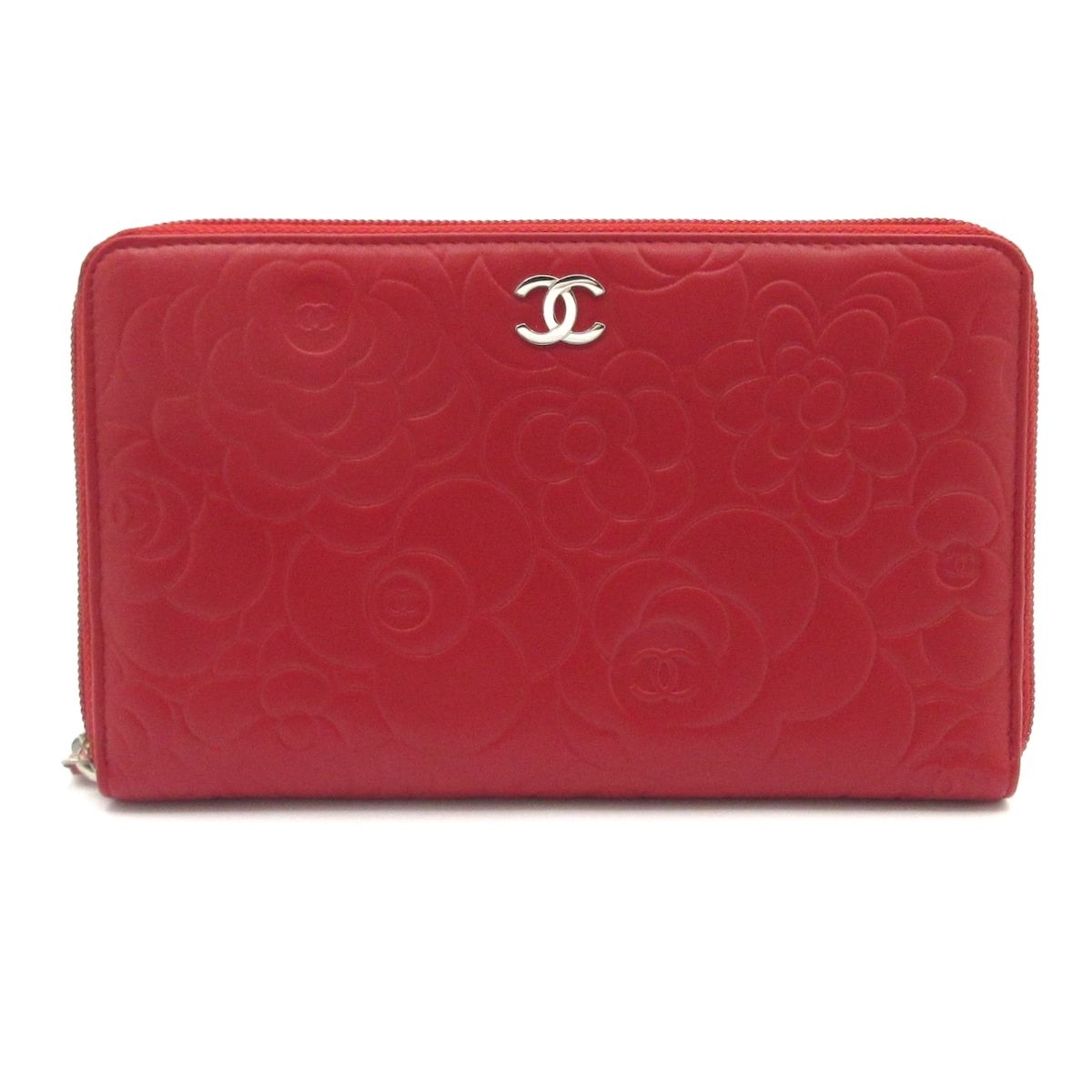 Chanel Wallet Camellia Red Silver Zip Around Lambskin