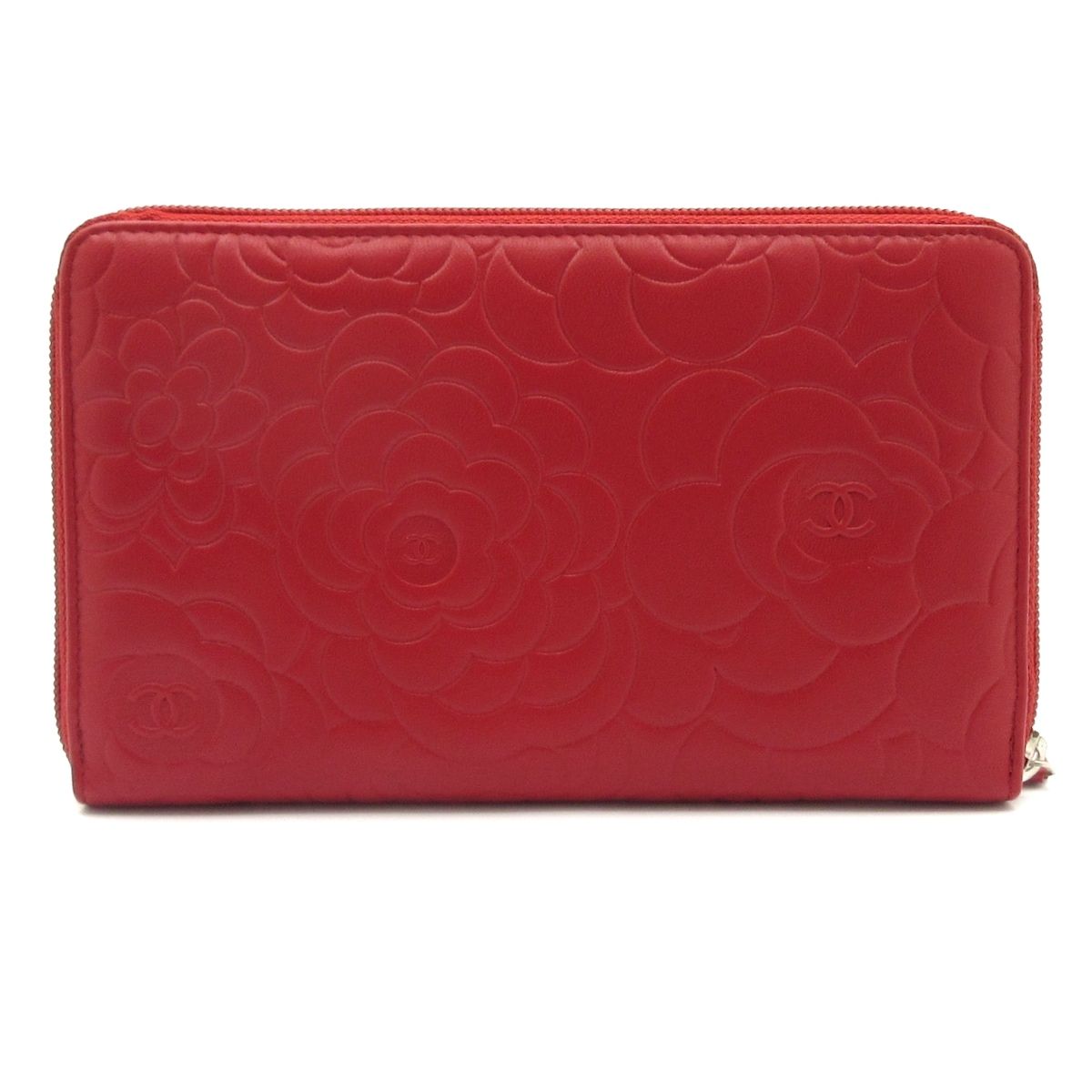 Chanel Wallet Camellia Red Silver Zip Around Lambskin — view 2