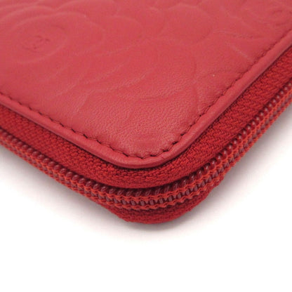 Chanel Wallet Camellia Red Silver Zip Around Lambskin — view 8