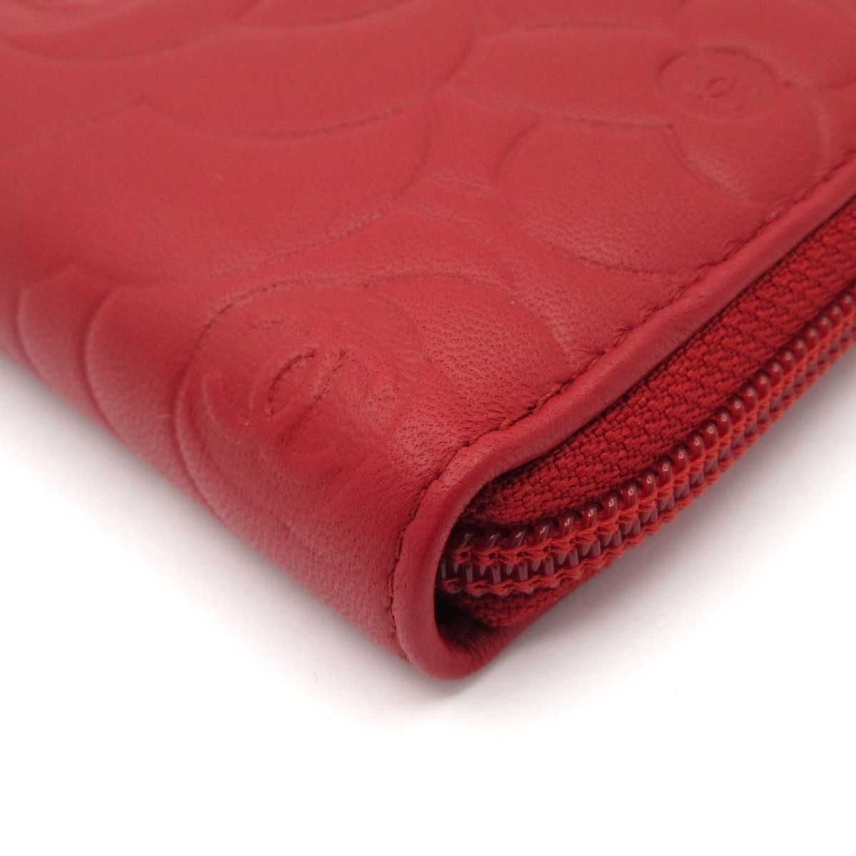 Chanel Wallet Camellia Red Silver Zip Around Lambskin — view 7
