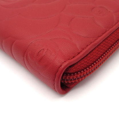 Chanel Wallet Camellia Red Silver Zip Around Lambskin — view 7