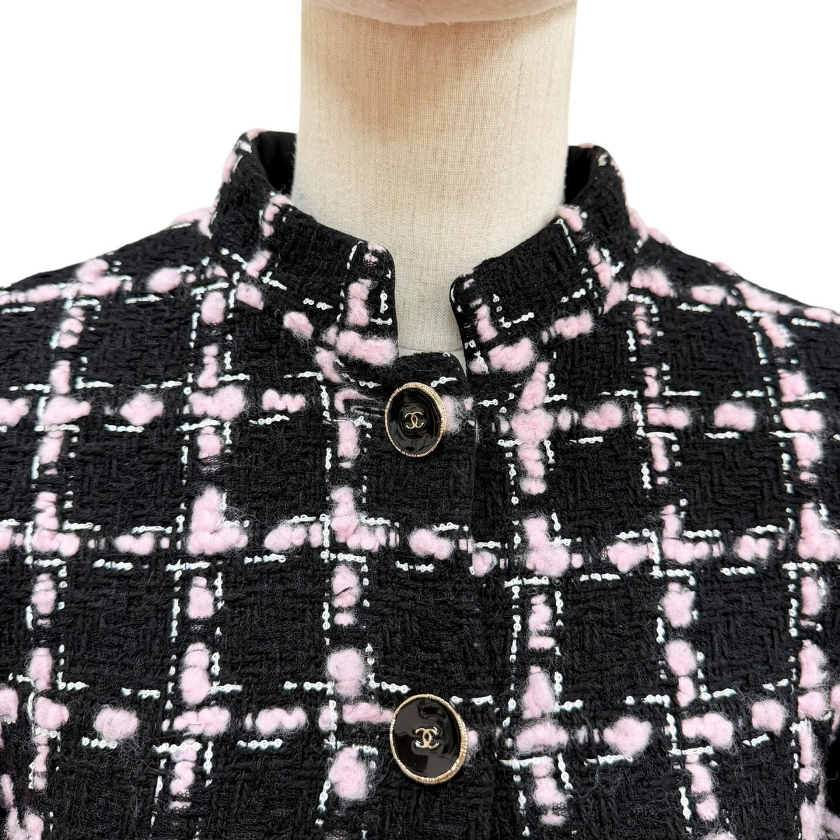 Chanel Wool Coco Buttons with Fringe Tweed Coat Black Pink 34 — view 2