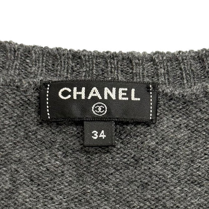 Chanel Cashmere 100% CC Logo Plate Gabrielle Coco V-neck Long Sleeve Knit Gray — view 7
