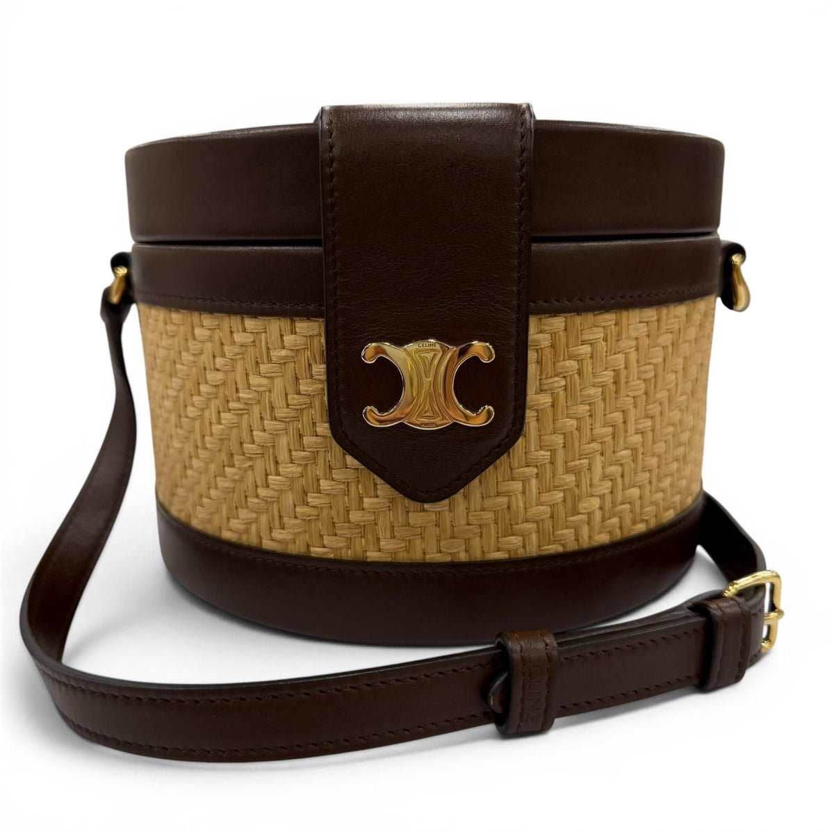 Celine Tambour Raffia Medium Triomphe Shoulder Bag Natural Brown
