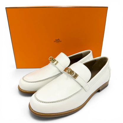 Hermes Moccasins Destin Calfskin Gold Kelly Buckle Loafers White — view 2