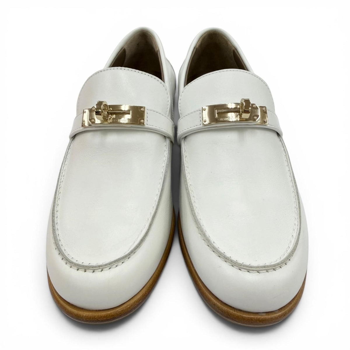 Hermes Moccasins Destin Calfskin Gold Kelly Buckle Loafers White — view 3