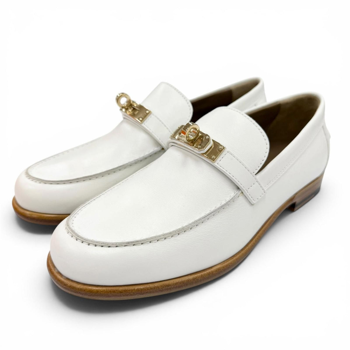 Hermes Moccasins Destin Calfskin Gold Kelly Buckle Loafers White