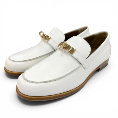 Hermes Moccasins Destin Calfskin Gold Kelly Buckle Loafers White