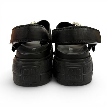 Miu Miu Leather Chunky Sole Logo with Belt Sandals Black — view 4