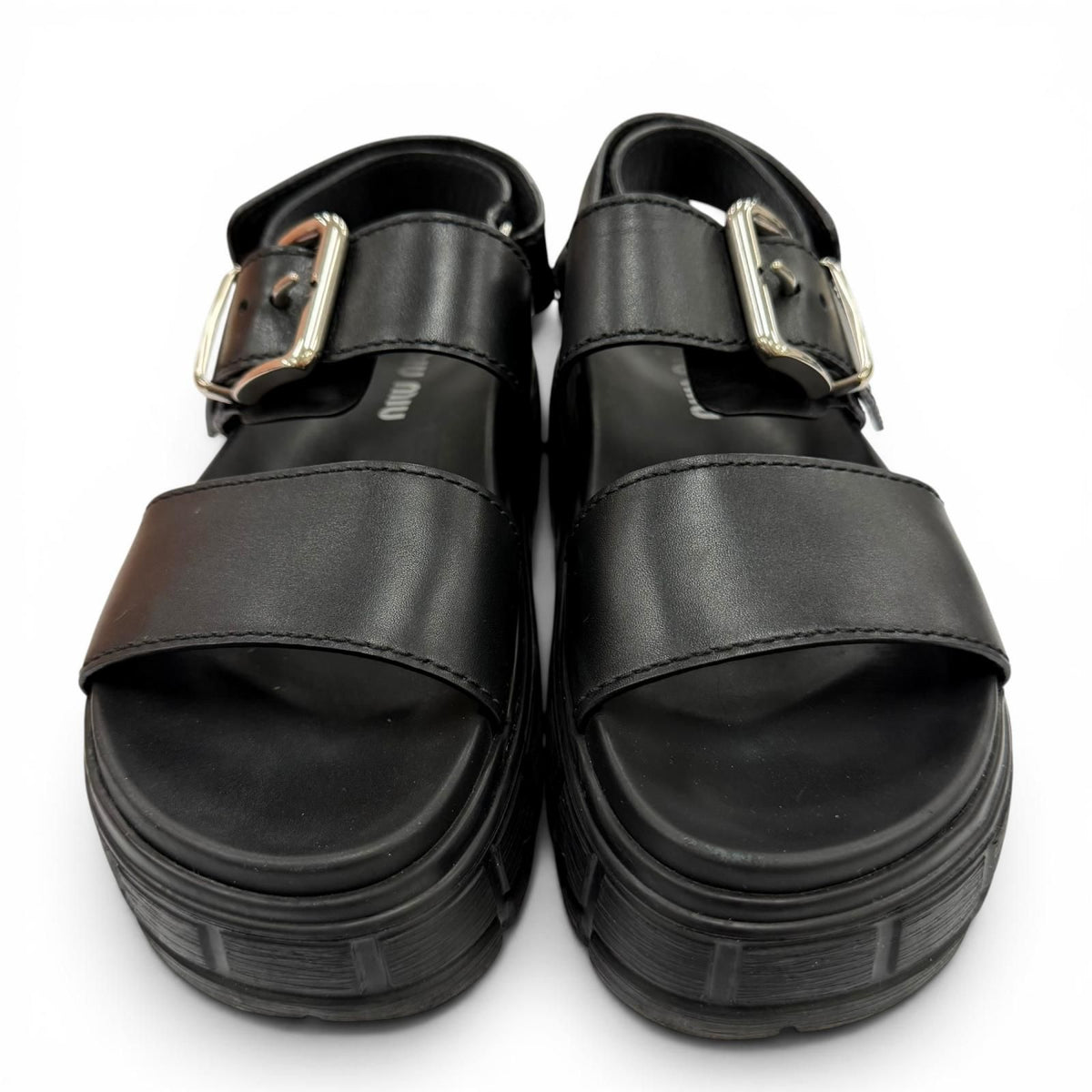 Miu Miu Leather Chunky Sole Logo with Belt Sandals Black — view 3