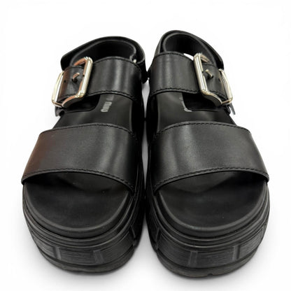 Miu Miu Leather Chunky Sole Logo with Belt Sandals Black — view 3