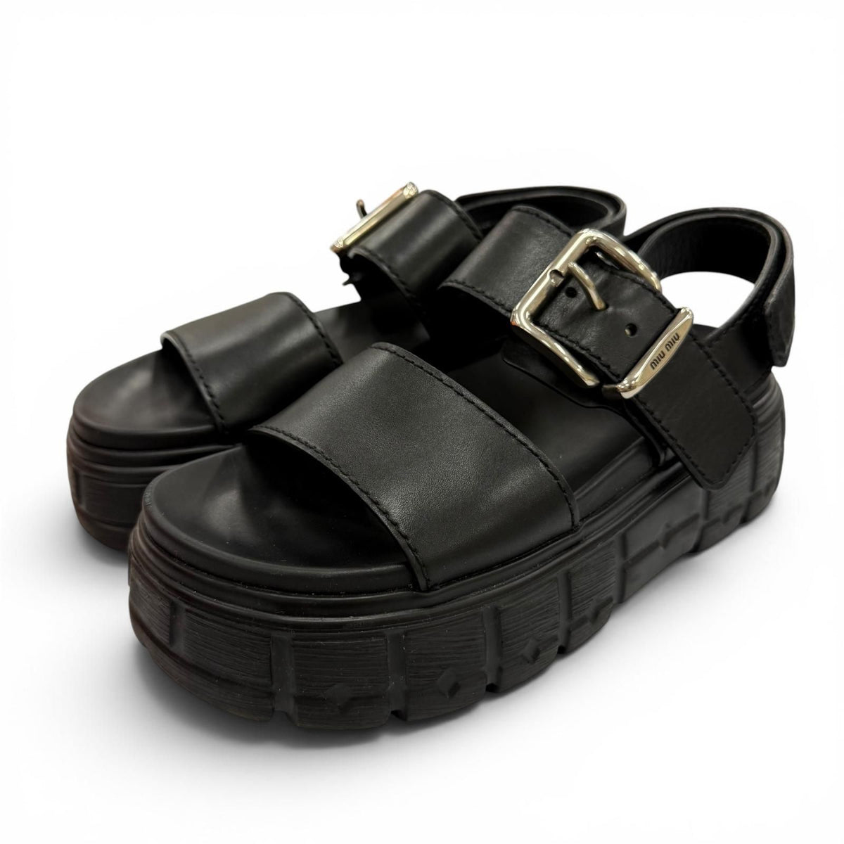 Miu Miu Leather Chunky Sole Logo with Belt Sandals Black