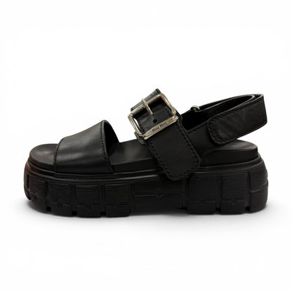 Miu Miu Leather Chunky Sole Logo with Belt Sandals Black — view 6