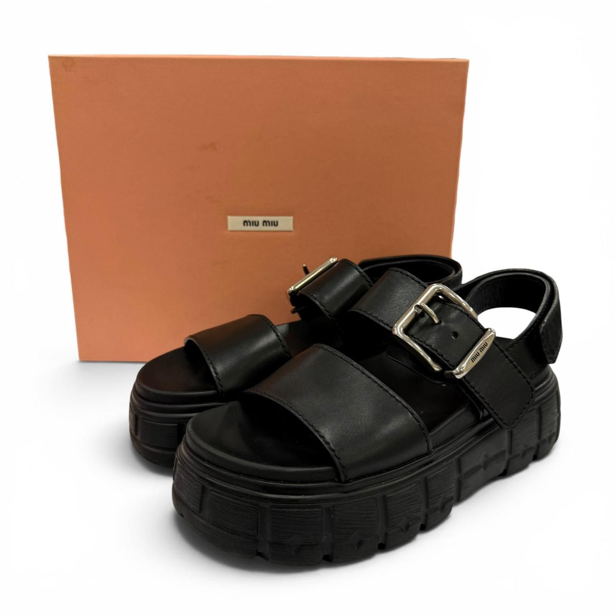 Miu Miu Leather Chunky Sole Logo with Belt Sandals Black — view 2