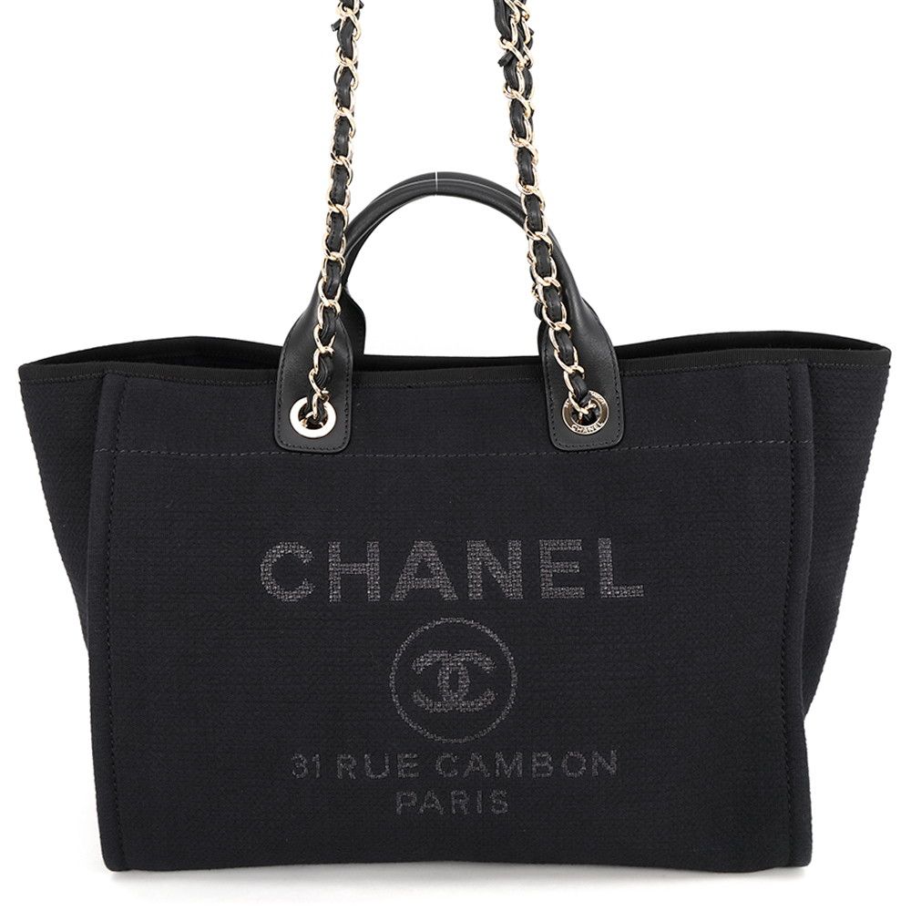 Chanel Tote Deauville Line CC Logo Canvas GM 2-Way Shoulder Bag Black