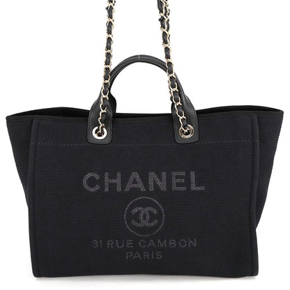 Chanel Tote Deauville Line CC Logo Canvas GM 2-Way Shoulder Bag Black
