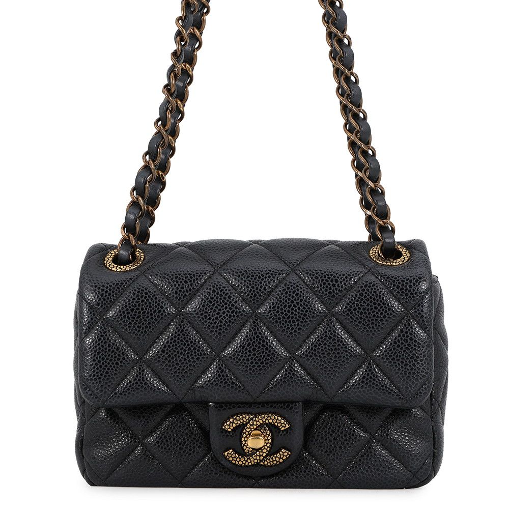 Chanel Chain Shoulder Bag Mini Quilted CC Logo CC Snake Caviar Leather Black