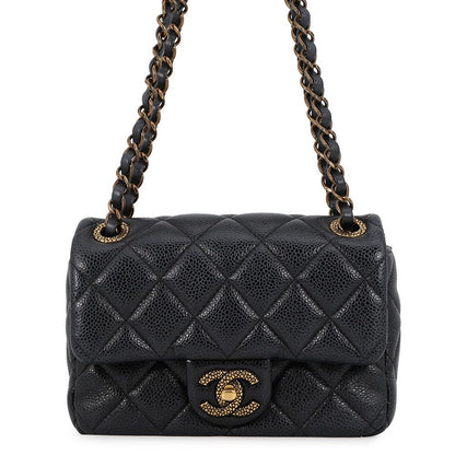 Chanel Chain Shoulder Bag Mini Quilted CC Logo CC Snake Caviar Leather Black