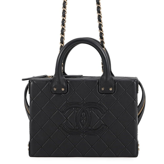 Chanel Chain Shoulder Bag Quilted CC Logo Vanity Calfskin Black