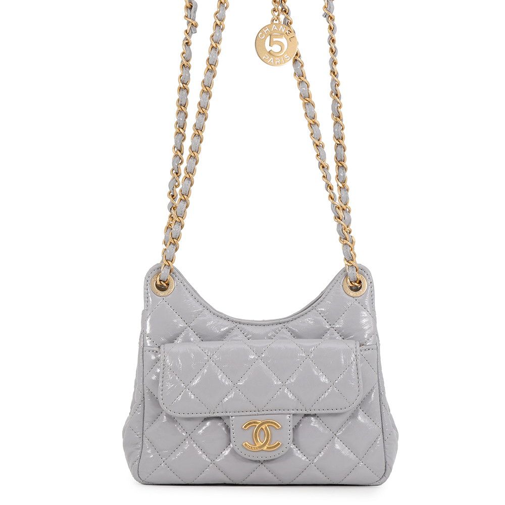 Chanel Chain Shoulder Bag Quilted CC Logo Hobo Shiny Calfskin