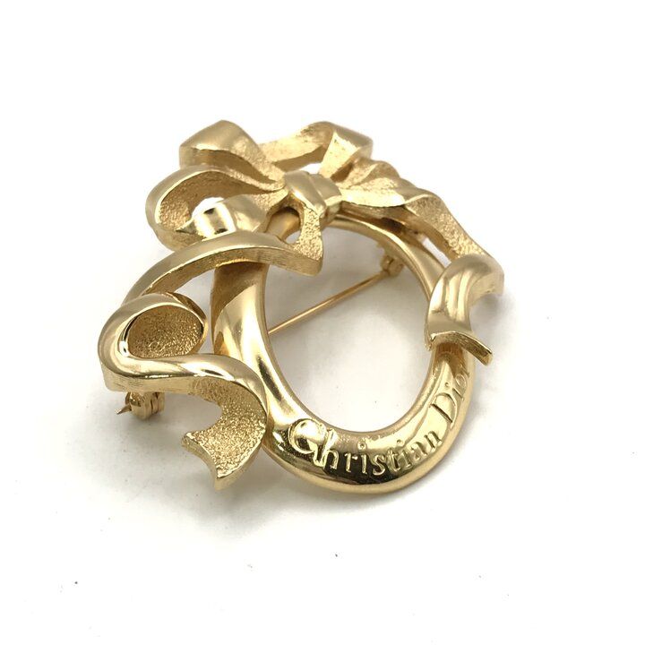 Dior Vintage Circle Ribbon Brooch Pin Gold — view 2