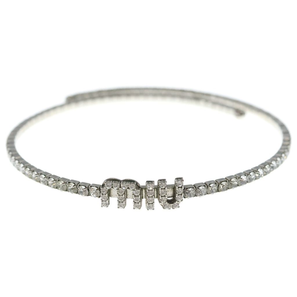 Miu Miu Crystal Necklace Logo Rhinestone Choker Silver
