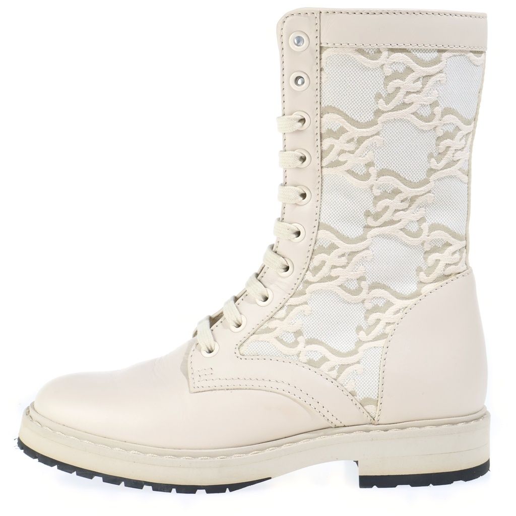 Fendi Logo Canvas Lace Up Boots Beige