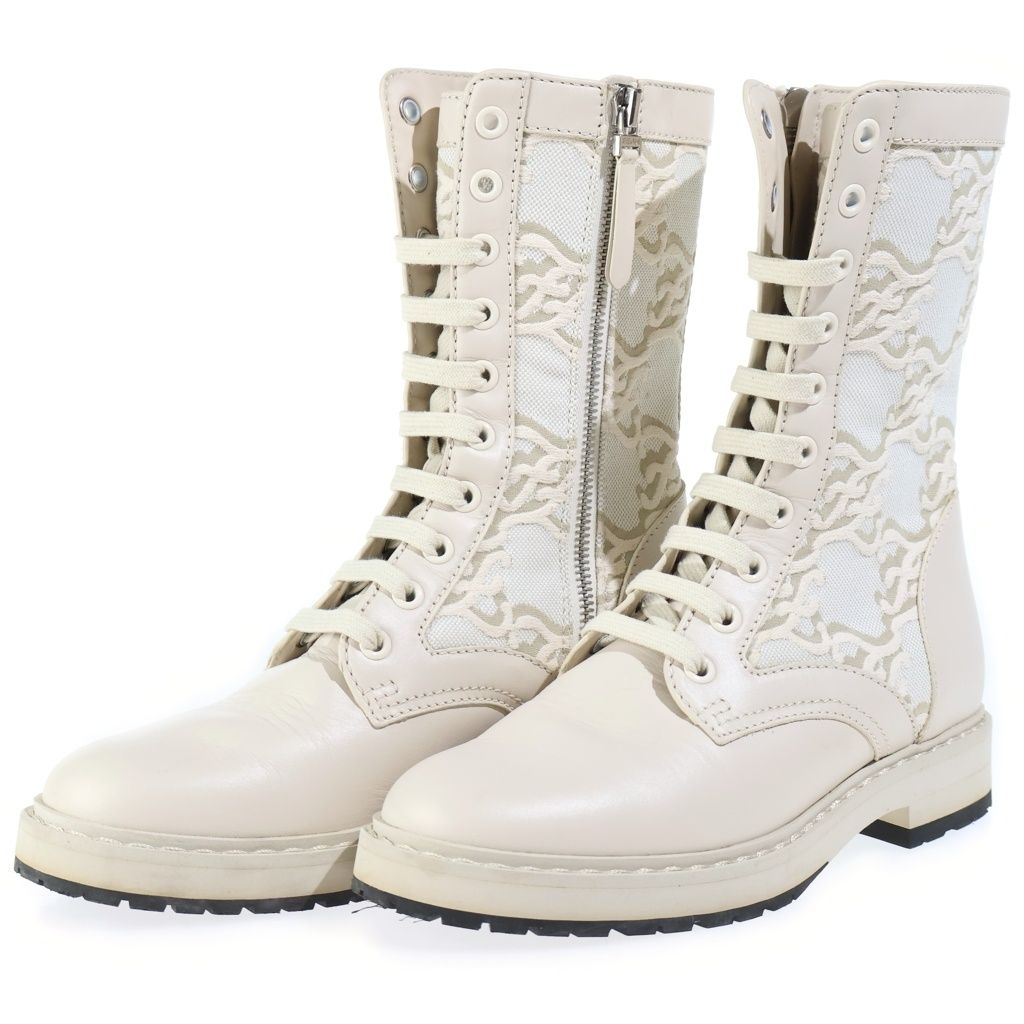 Fendi Logo Canvas Lace Up Boots Beige — view 2