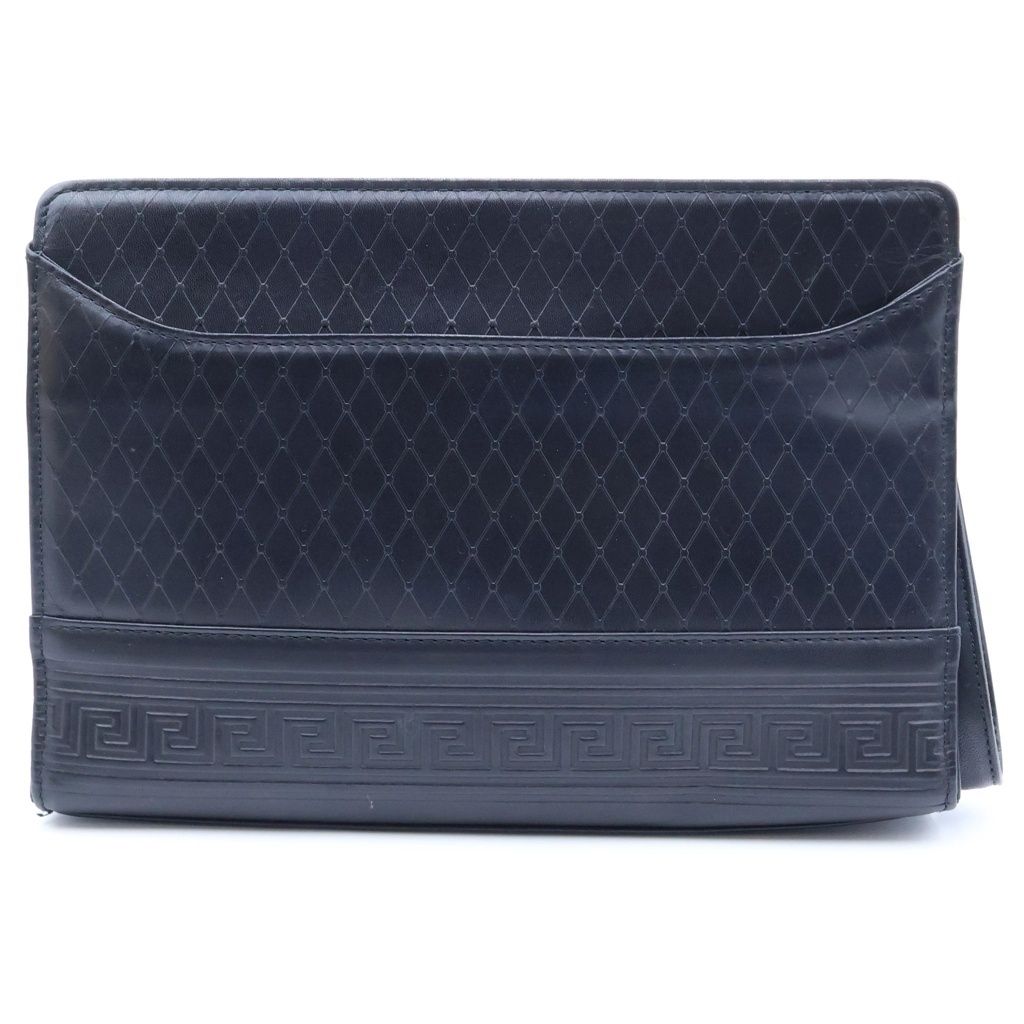 Versace Sun Motif Logo Plate Leather Hand Clutch Second Black Gold — view 2
