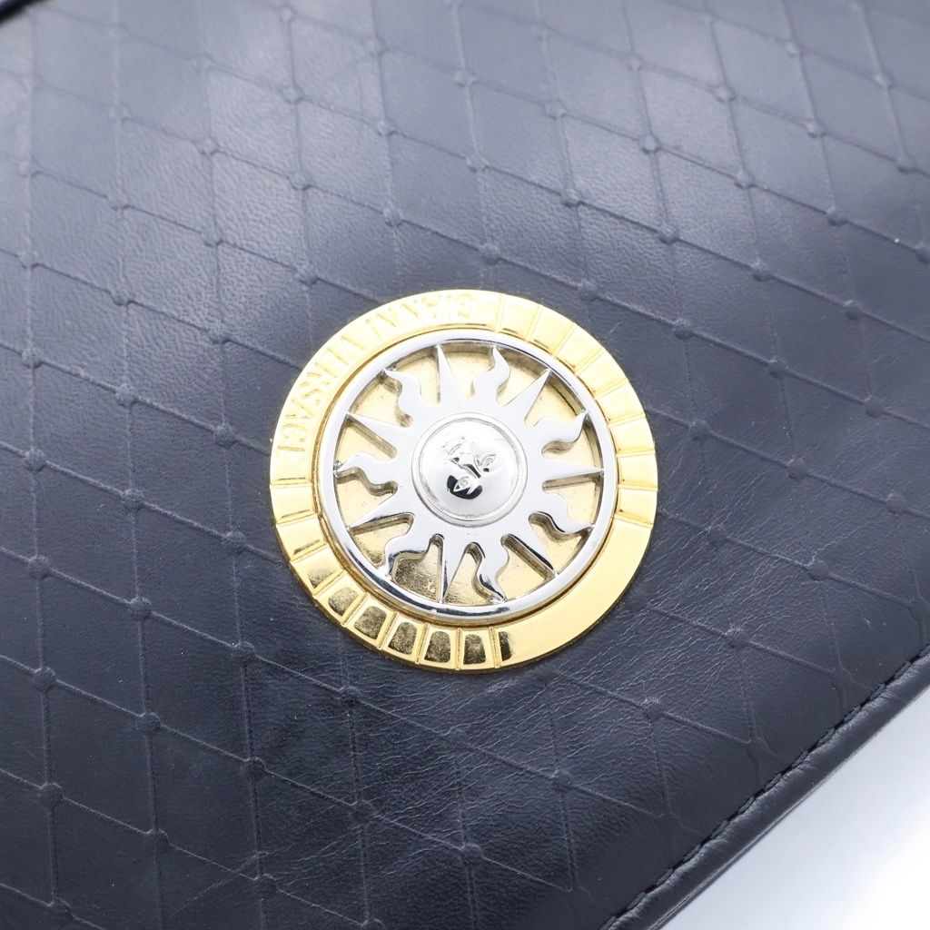 Versace Sun Motif Logo Plate Leather Hand Clutch Second Black Gold — view 6