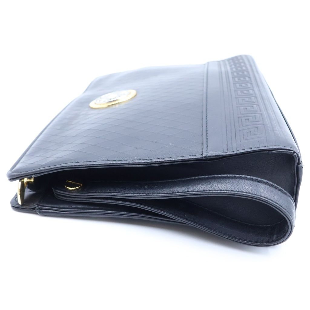 Versace Sun Motif Logo Plate Leather Hand Clutch Second Black Gold — view 3