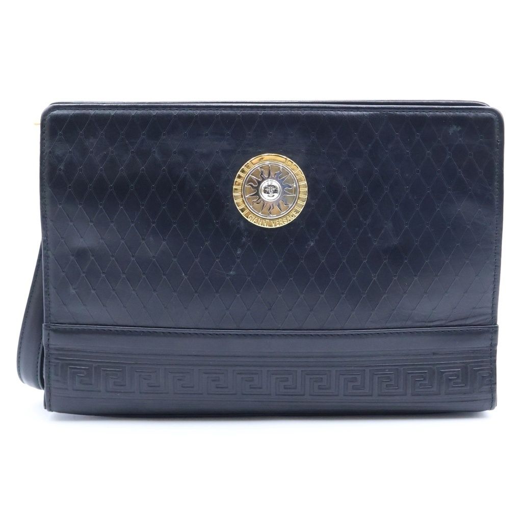 Versace Sun Motif Logo Plate Leather Hand Clutch Second Black Gold