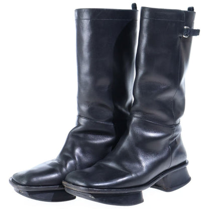 Prada Leather Square Toe Long Boots Shoes Black — view 2