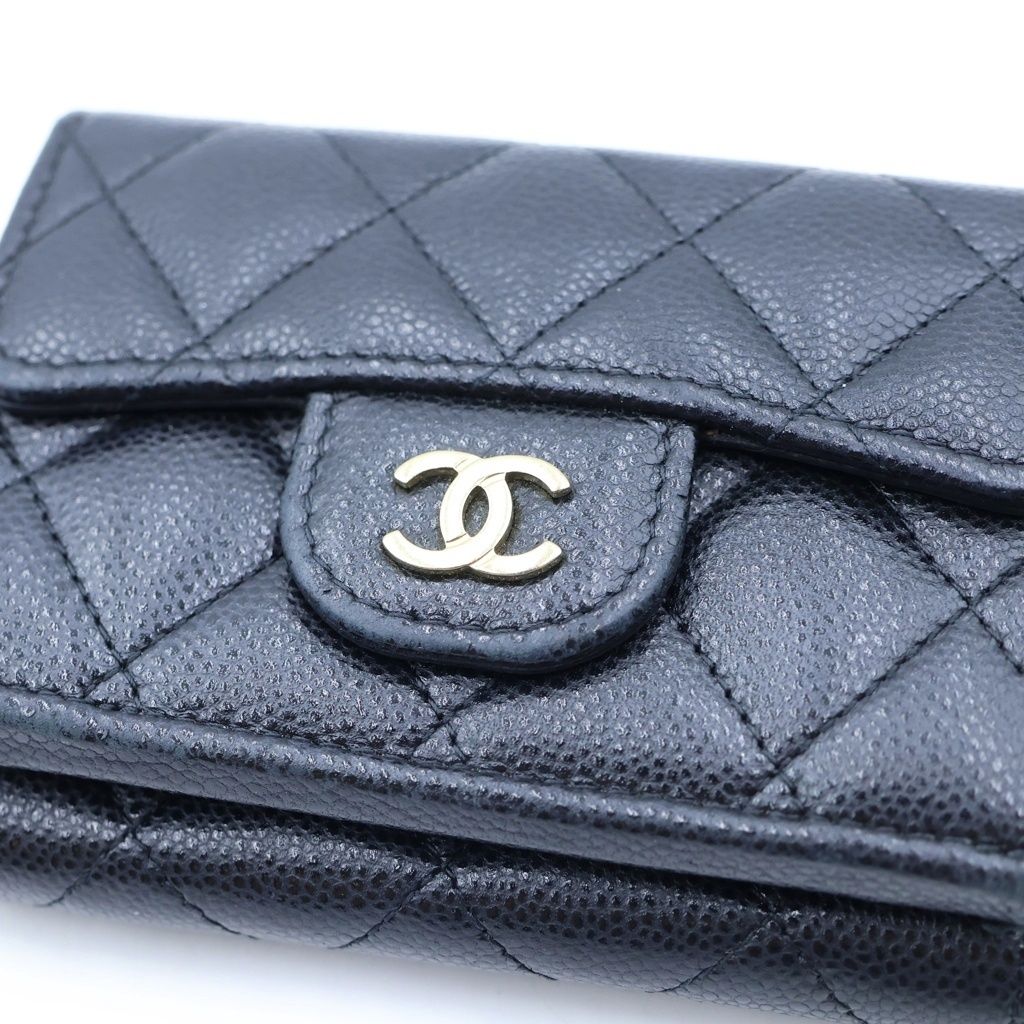 Chanel Quilted Trifold Wallet Compact Coin Purse Black Caviar Leather Gold — view 4