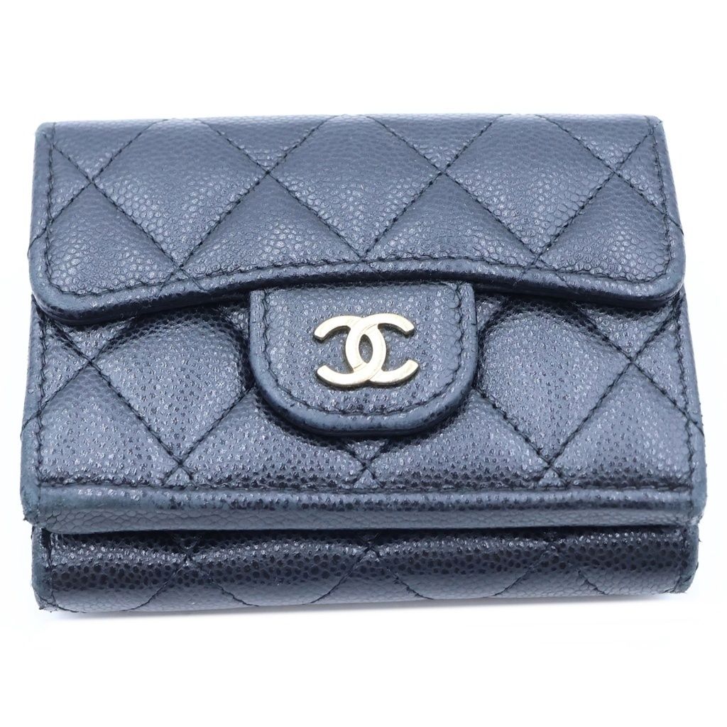 Chanel Quilted Trifold Wallet Compact Coin Purse Black Caviar Leather Gold