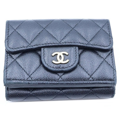 Chanel Quilted Trifold Wallet Compact Coin Purse Black Caviar Leather Gold