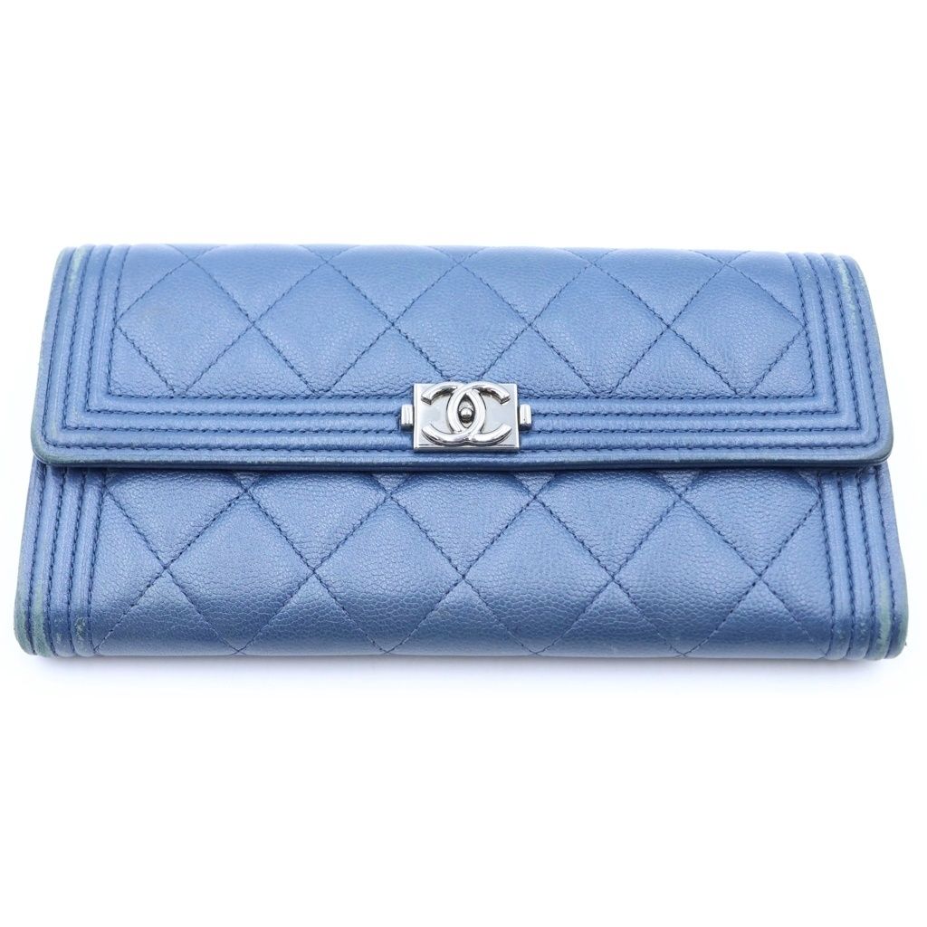 Chanel Boy Bifold Wallet Card Case Blue Navy Caviar Leather Gunmetal