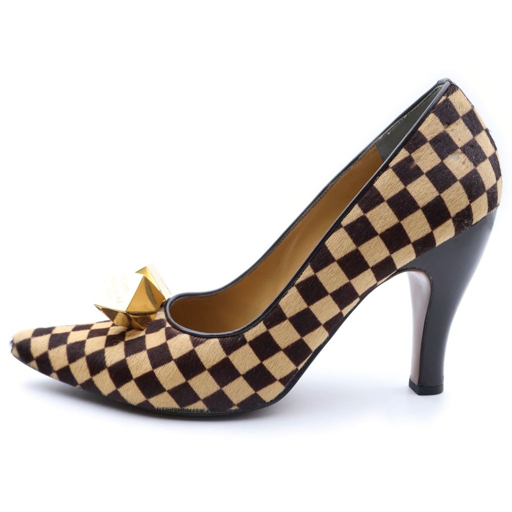 Louis Vuitton Damier Sauvage Calf Hair Logo Cube Heels Pumps Brown — view 2
