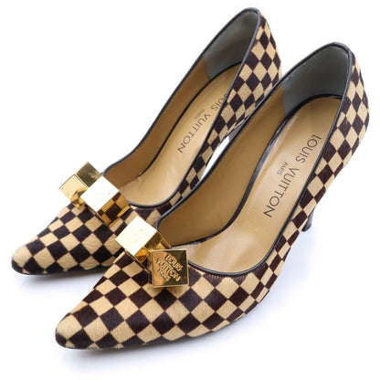 Louis Vuitton Damier Sauvage Calf Hair Logo Cube Heels Pumps Brown