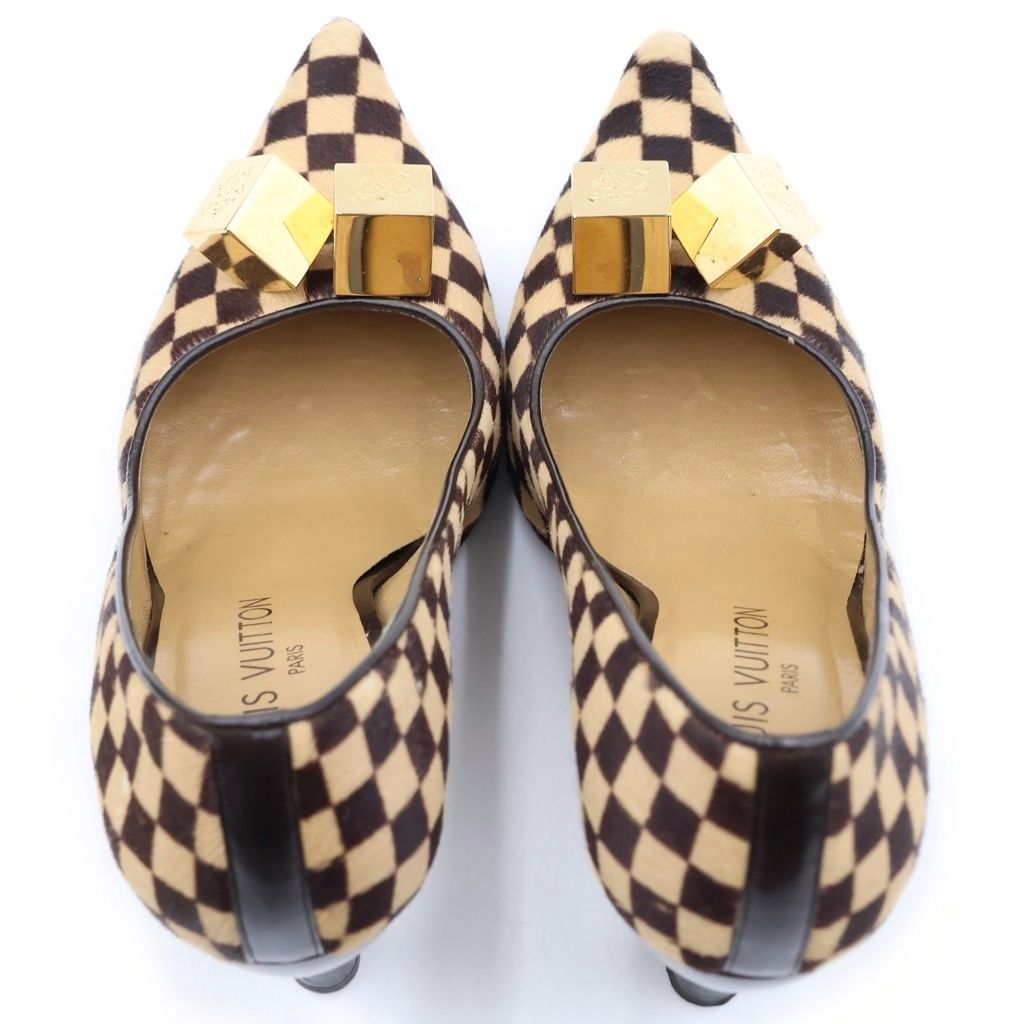 Louis Vuitton Damier Sauvage Calf Hair Logo Cube Heels Pumps Brown — view 4
