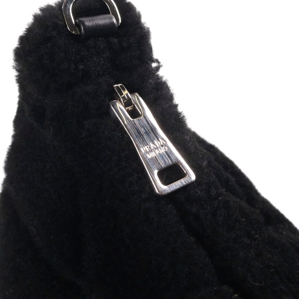Prada Triangle Logo Quilted Sheep Fur Body Shoulder Bag Fleece Black — view 6