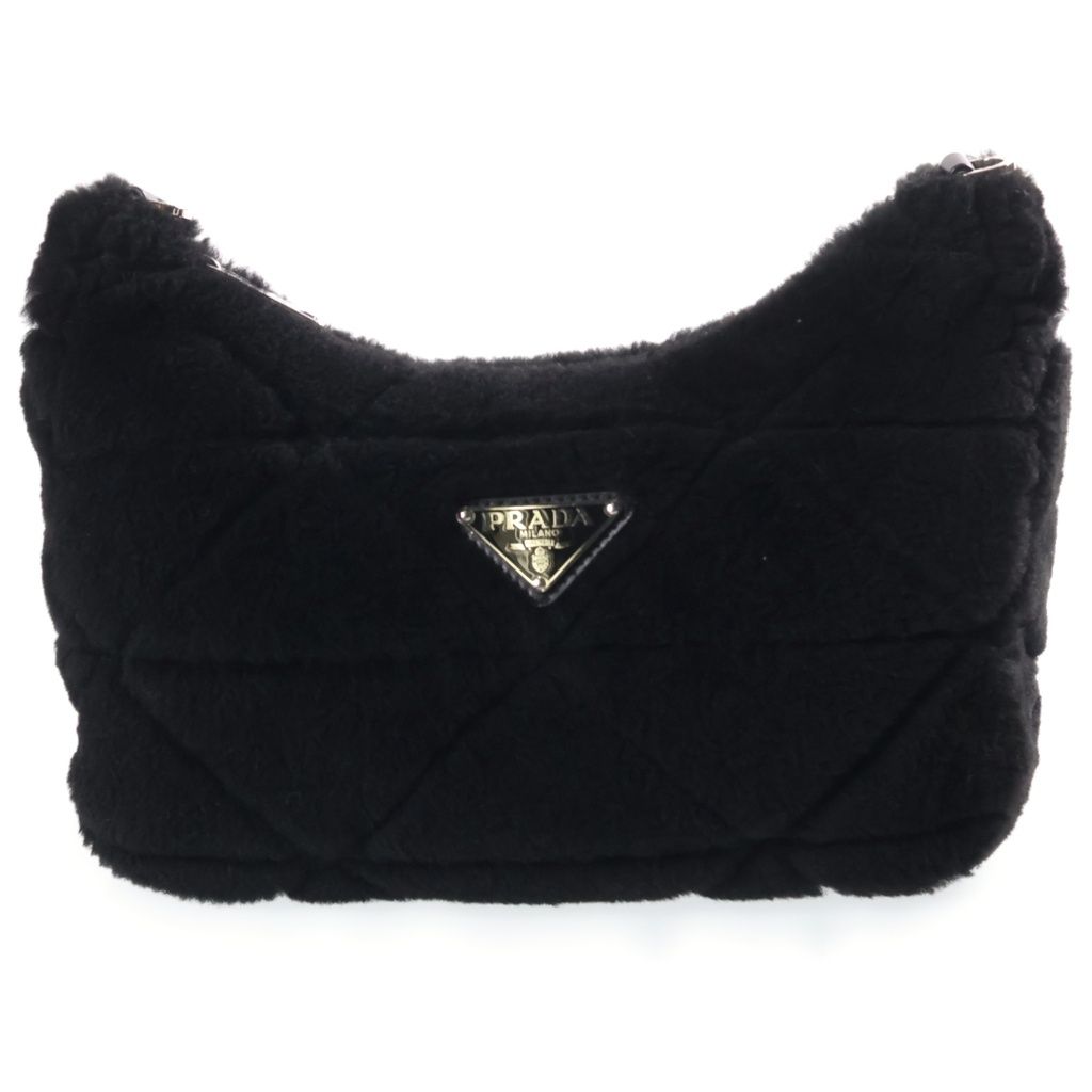 Prada Triangle Logo Quilted Sheep Fur Body Shoulder Bag Fleece Black