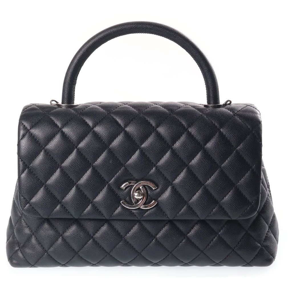 Chanel Quilted Coco Handle Chain Shoulder 2-Way Handbag Silver Caviar Leather