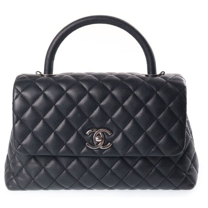 Chanel Quilted Coco Handle Chain Shoulder 2-Way Handbag Silver Caviar Leather