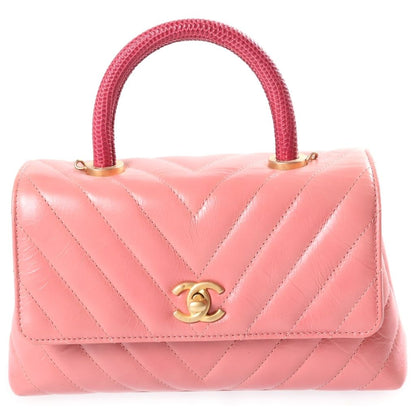 Chanel Coco Handle Shoulder Bag Leather V-stitch Gold Pink