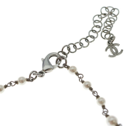 Chanel CC Logo Necklace Choker Pearl Rhinestone Ribbon Silver — view 4