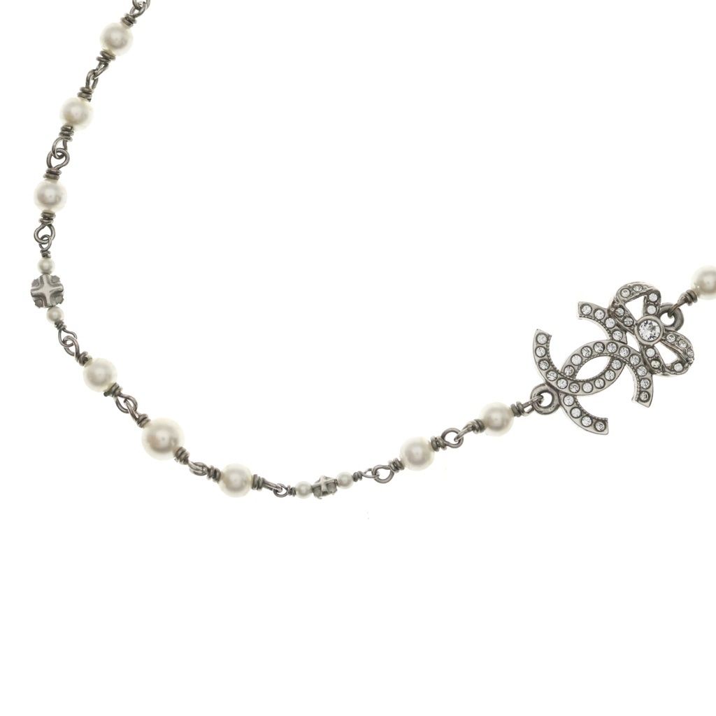 Chanel CC Logo Necklace Choker Pearl Rhinestone Ribbon Silver