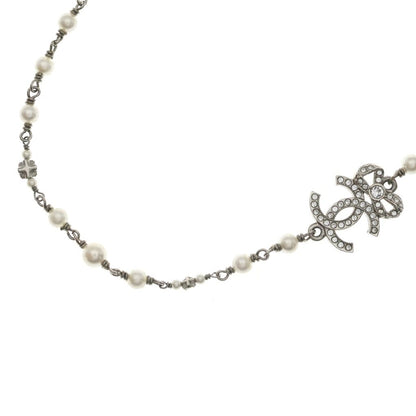 Chanel CC Logo Necklace Choker Pearl Rhinestone Ribbon Silver